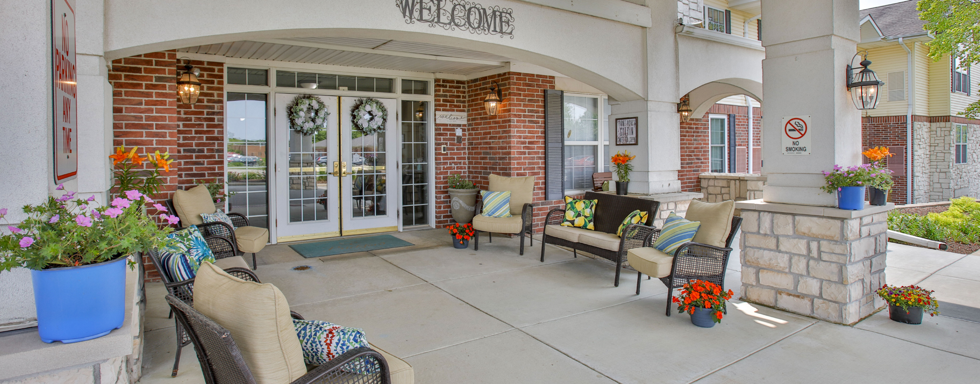 Sip on your favorite drink on the porch at Bickford of Bloomington