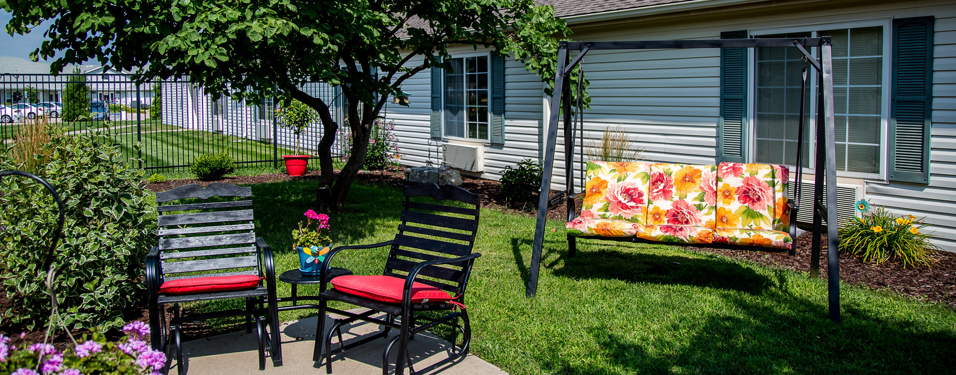 Residents with dementia can enjoy the outdoors by stepping into our secure courtyard at Bickford of Burlington