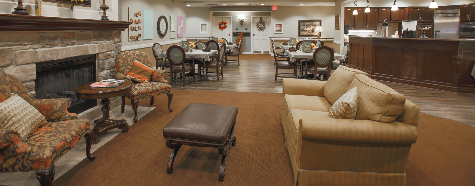 Chairs and sofas sit higher and are easier to get in and out of in the Mary B’s living room at Bickford of Carmel