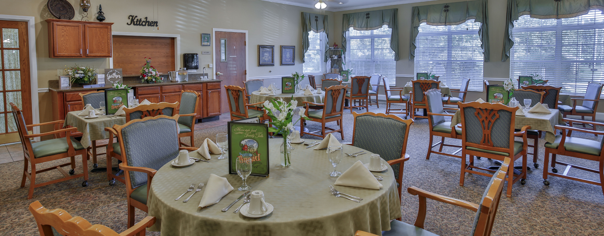 Enjoy restaurant -style meals served three times a day in our dining room at Bickford of Crawfordsville