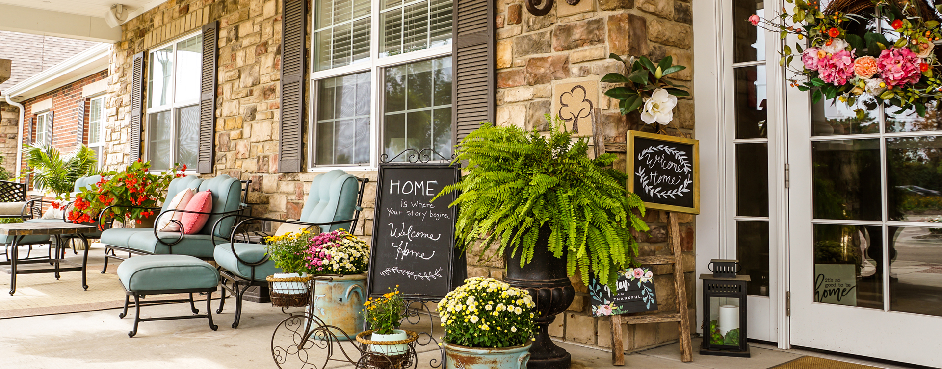Enjoy conversations with friends on the porch at Bickford of Gurnee