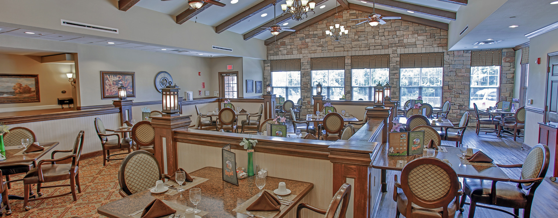Enjoy restaurant -style meals served three times a day in our dining room at Bickford of Greenwood