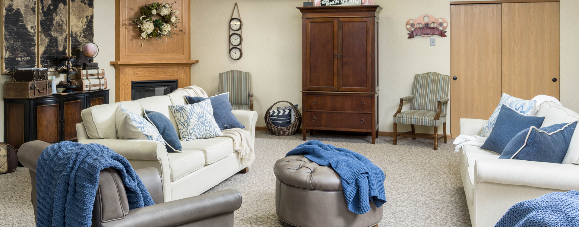 Residents can enjoy furniture covered in cozy fabrics in the Mary B’s living room at Bickford of Lancaster
