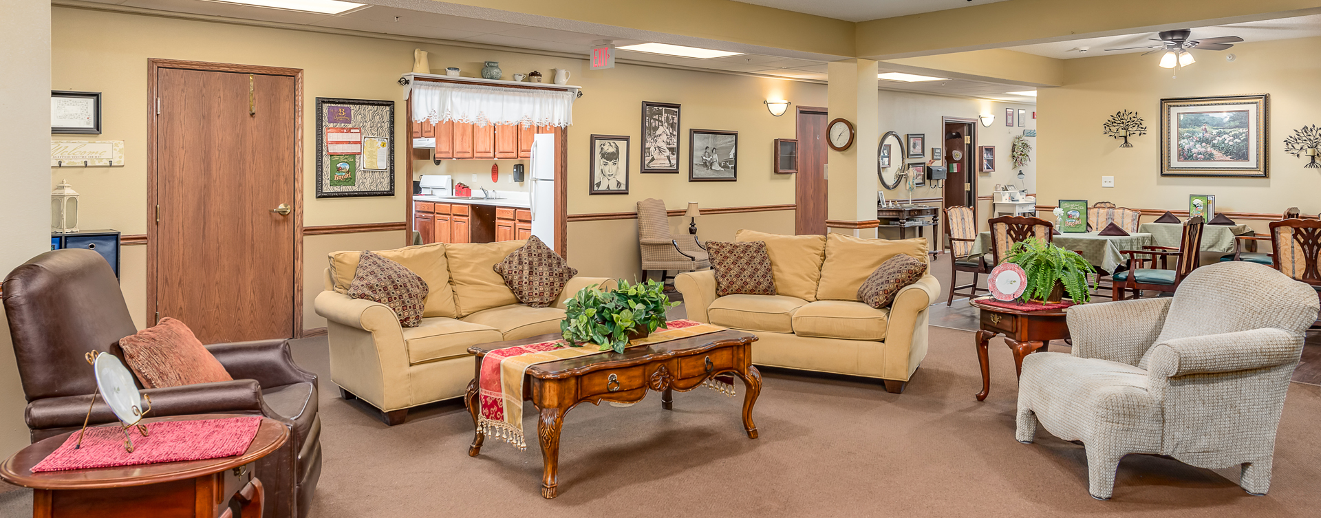 Chairs and sofas sit higher and are easier to get in and out of in the Mary B’s living room at Bickford of Midland