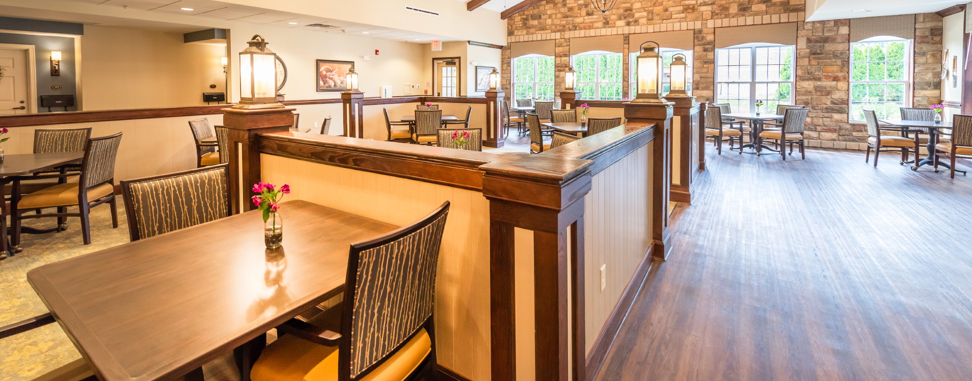Food is best when shared with friends in the dining room at Bickford of Shelby Township